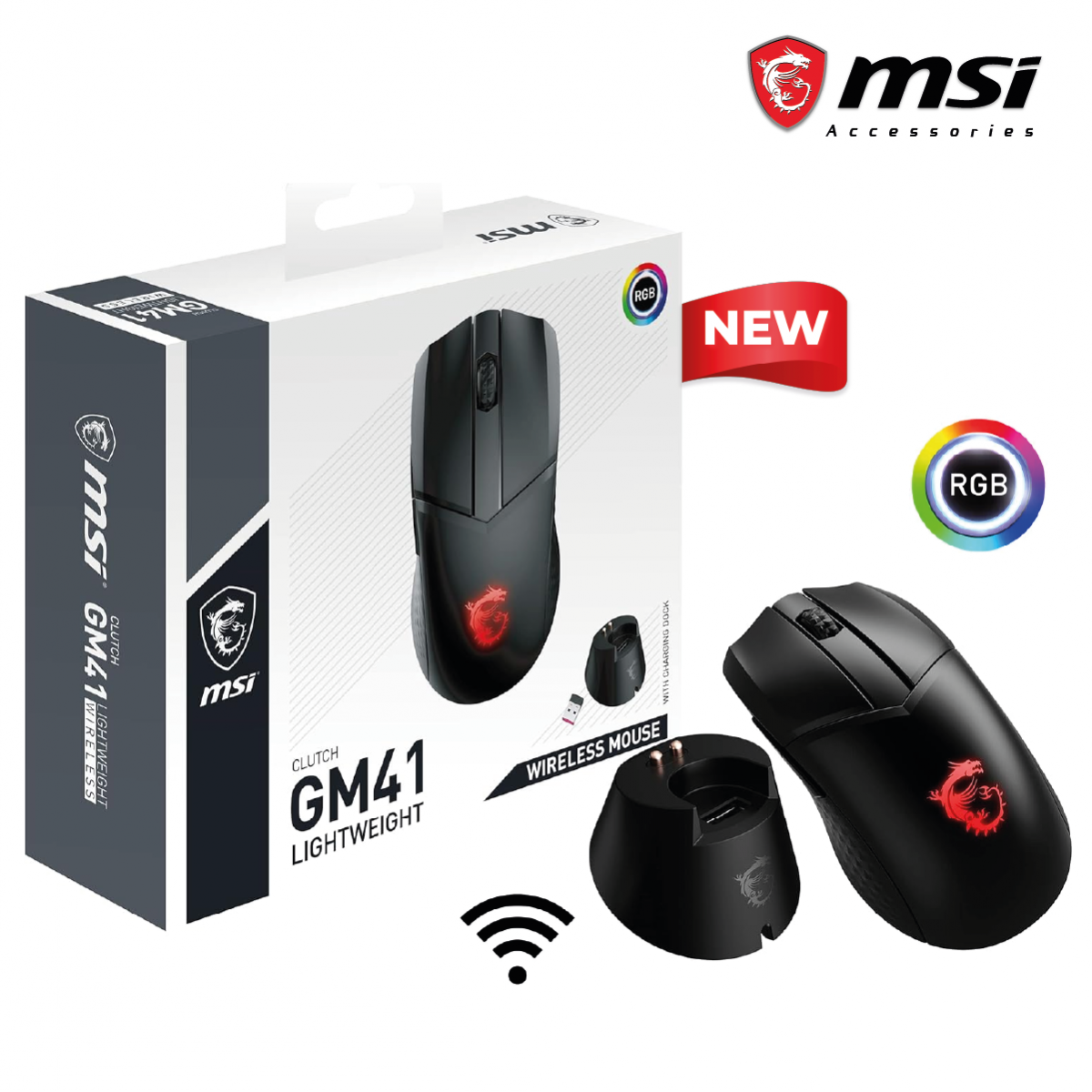 MSI Clutch GM41 Lightweight 20,000 DPI Wireless Gaming Mouse & Charging Dock