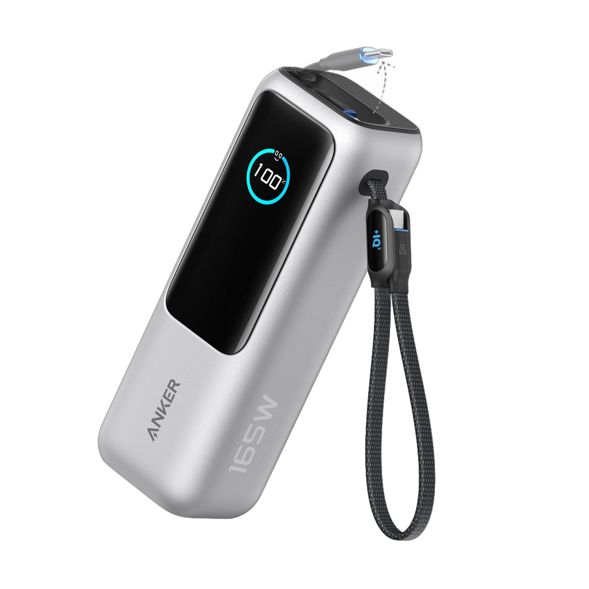 ANKER POWER BANK 25K 165W BUILT IN USB-C AND RETRACTABLE CABLE SILVER