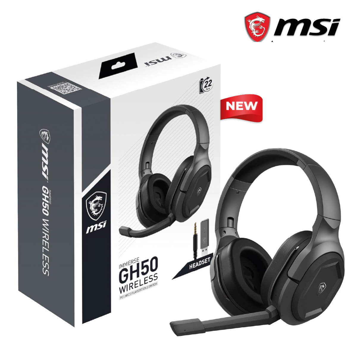 MSI Immerse GH50 Wireless – 22 Hr Battery Life, 50mm Neodymium Drivers, Gaming Headset