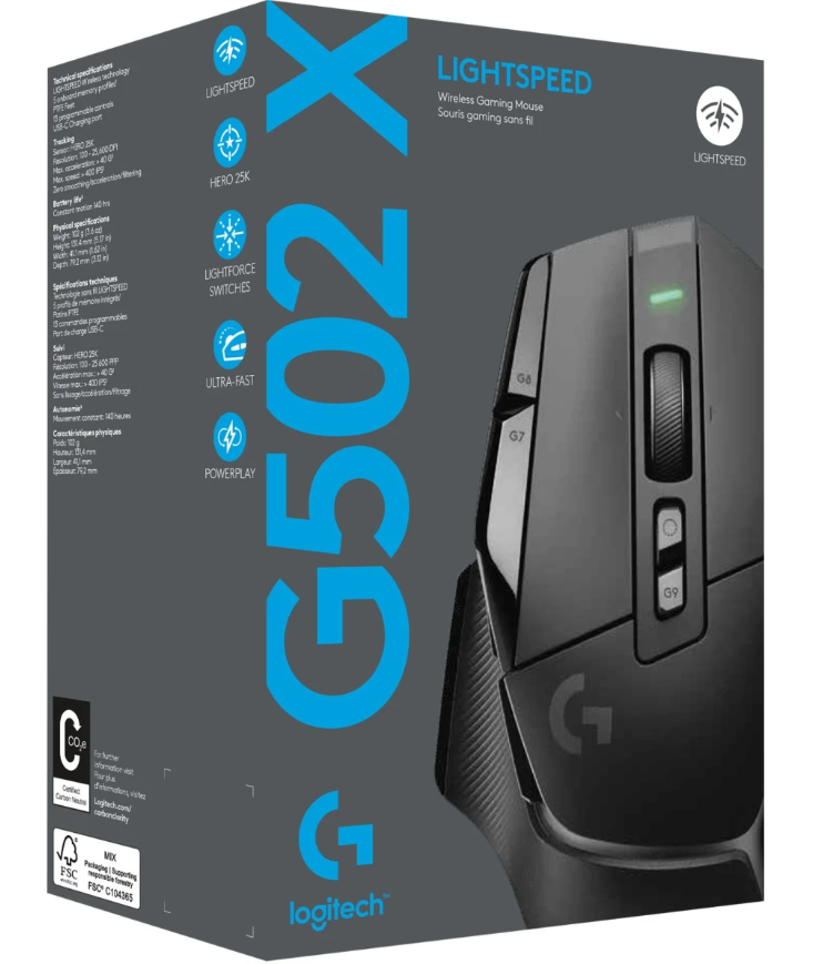 Logitech G502 X Lightspeed  , HERO 25K  - BLACK Wireless Gaming Mouse