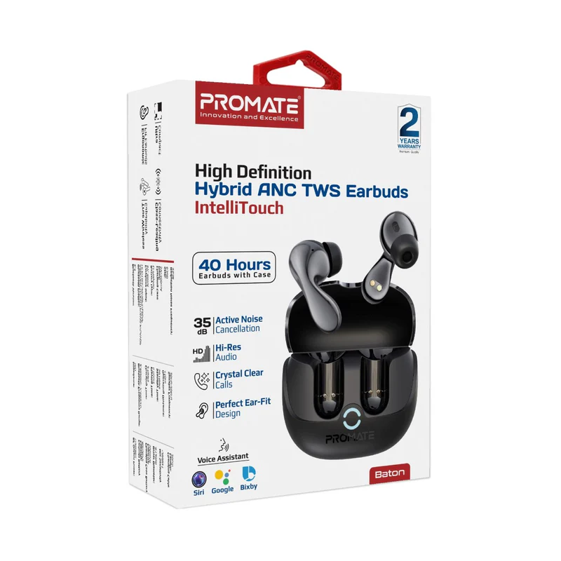 Promate Baton High-Definition Hybrid ANC TWS Earbuds with IntelliTouch - Black