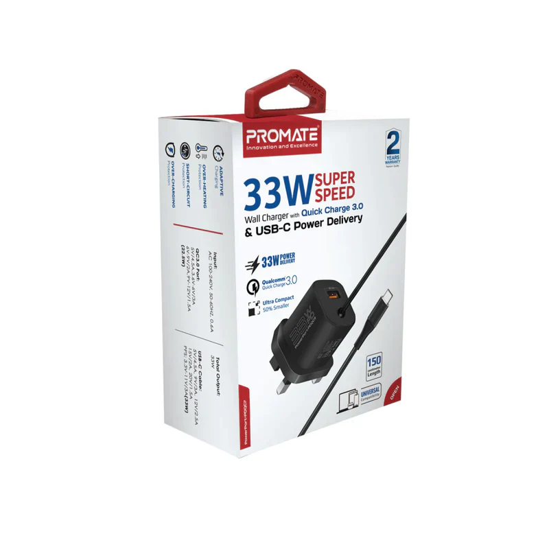 Promate PowerPort-33 PDQC3 33W Super Speed Wall Charger with Quick Charge 3.0 & USB-C Power Delivery Promate PowerPort-33 PDQC3 33W Super Speed Wall Charger with Quick Charge 3.0 & USB-C Power Delivery