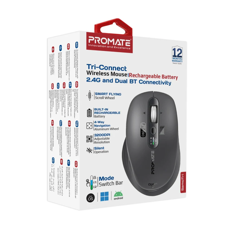 Promate SamoTri Tri-Connect Wireless Mouse with Rechargeable Battery, 2.4G and Dual BT Connectivity - Black