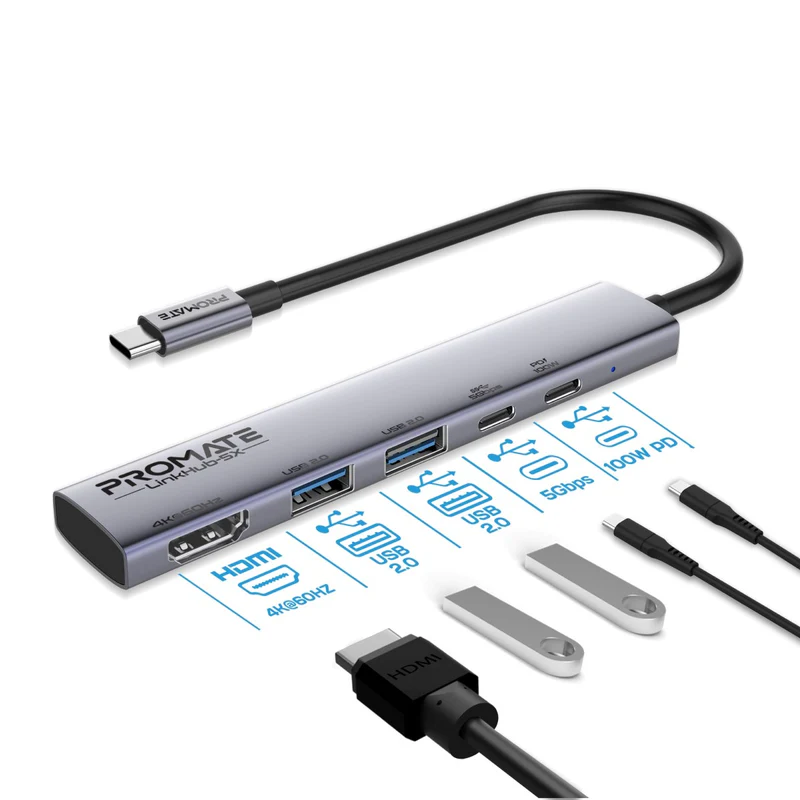 Promate LinkHub-5X 4K@60Hz Multi-function High-Speed USB-C Hub with 100W PD