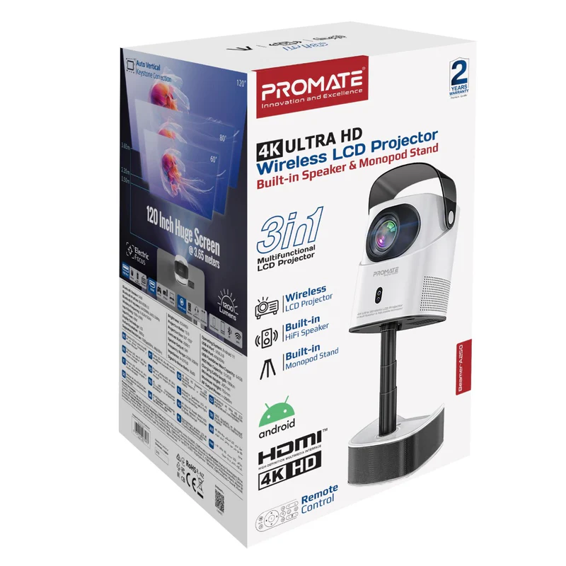 Promate Beamer-A250 4K Ultra HD Wireless LCD Projector with Built-In Speaker & Monopod Stand