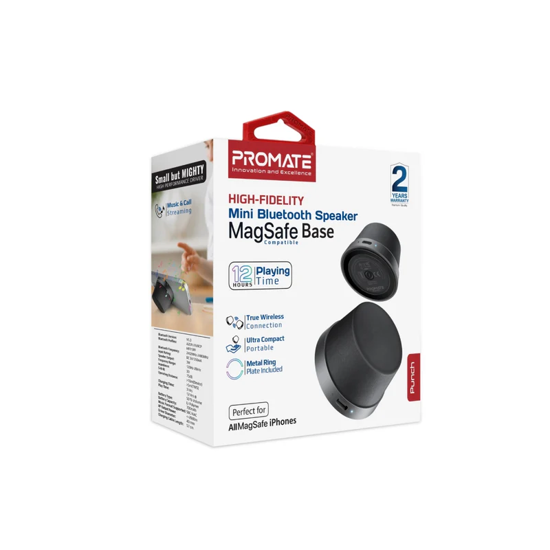 Promate Punch High-Fidelity Mini Bluetooth Speaker with MagSafe Compatible Base - Black Promate Punch High-Fidelity Mini Bluetooth Speaker with MagSafe Compatible Base - Black