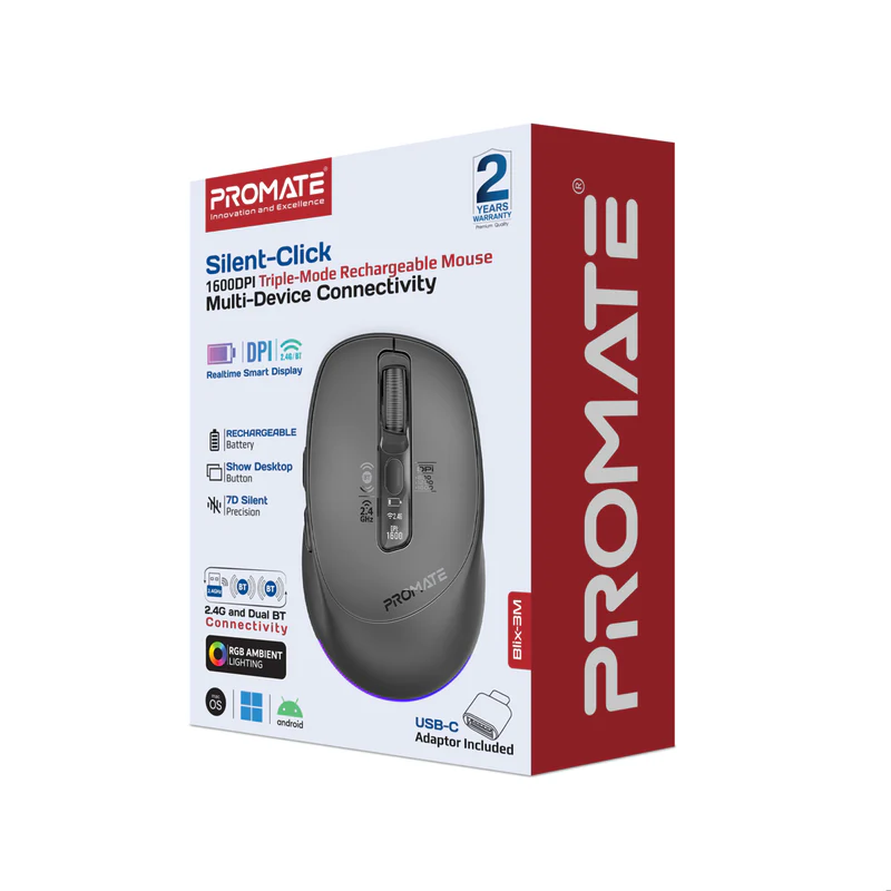 Promate Blix-3M Silent-Click 1600DPI Triple-Mode Rechargeable Mouse w/ Multi-Device Connectivity - Black