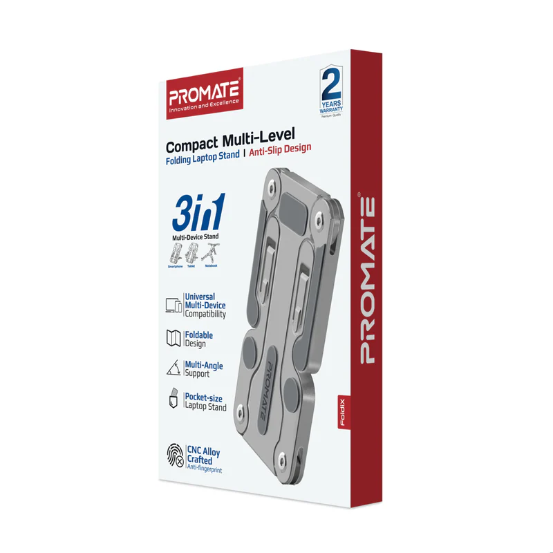 Promate FoldiX Compact Multi-Level Folding Laptop Stand w/ Anti-Slip Design - Grey