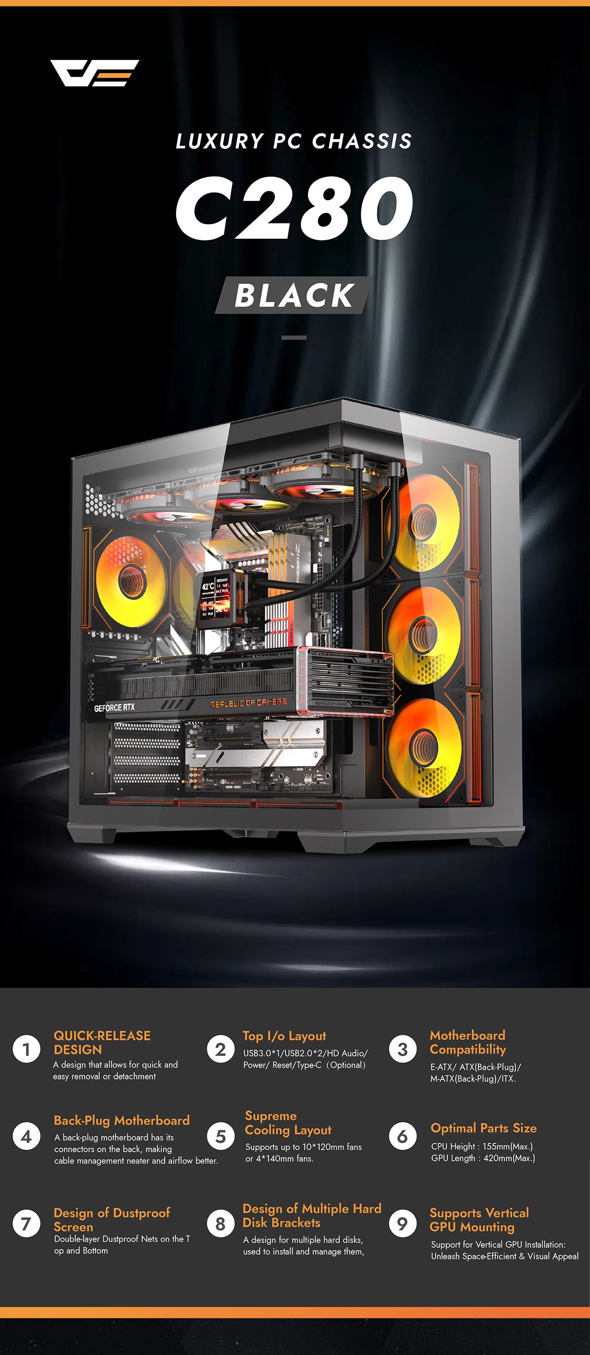 DARKFLASH C280 BLACK E-ATX GAMING CASE