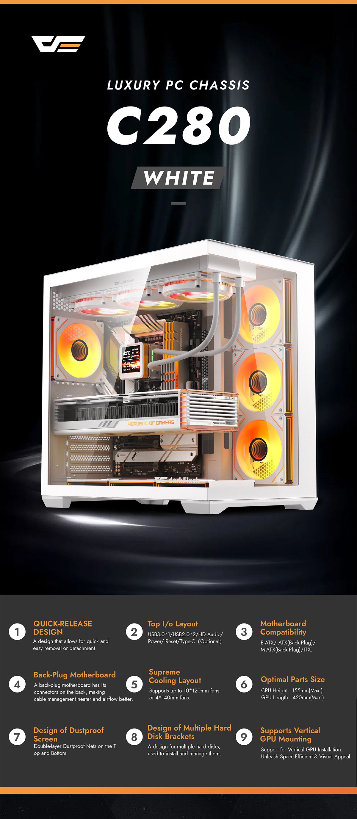 DARKFLASH C280 WHITE E-ATX GAMING CASE
