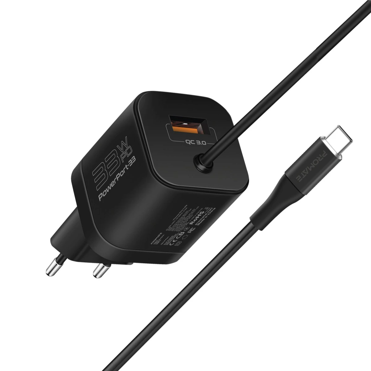 Promate PowerPort-33 PDQC3 33W Super Speed Wall Charger with Quick Charge 3.0 & USB-C Power Delivery