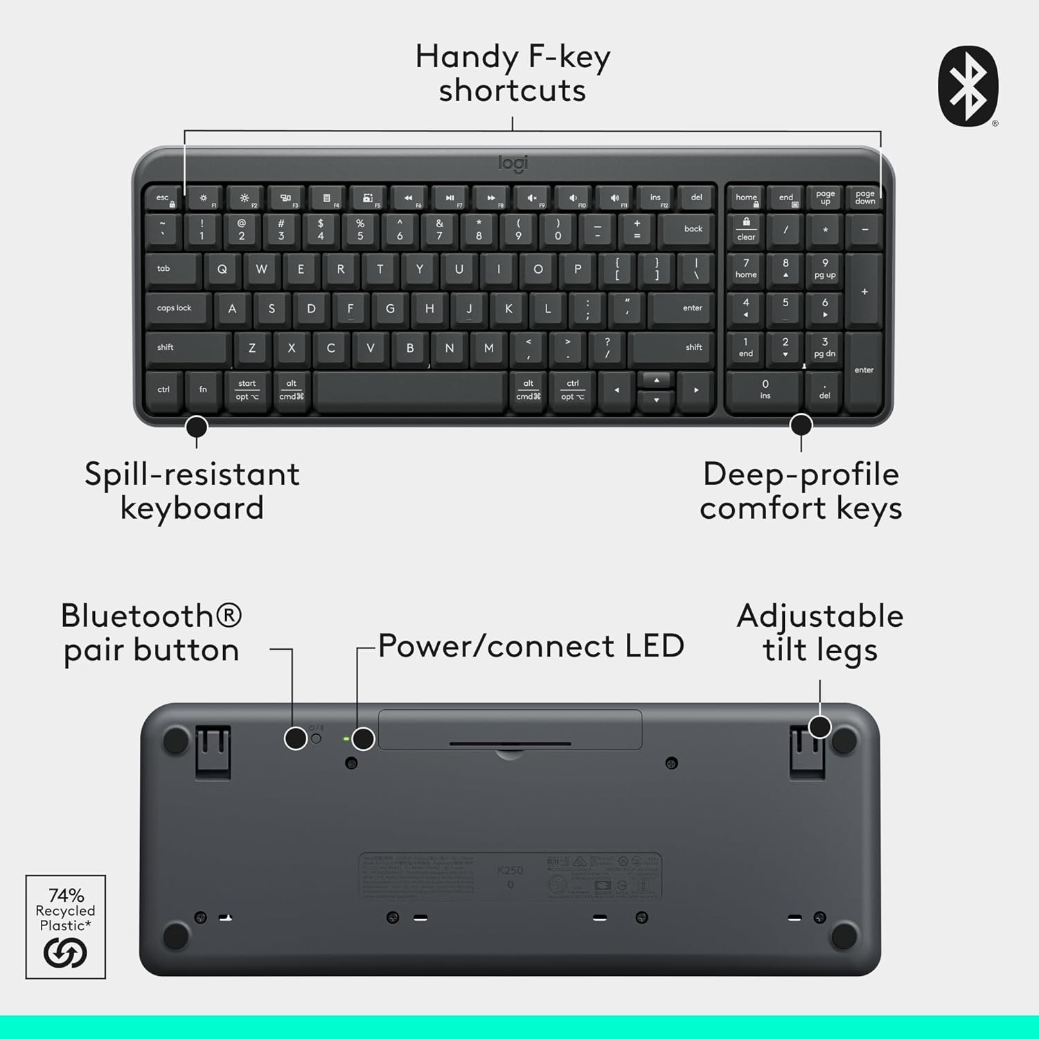 Logitech K250 Compact Bluetooth Wireless Keyboard Graphite
