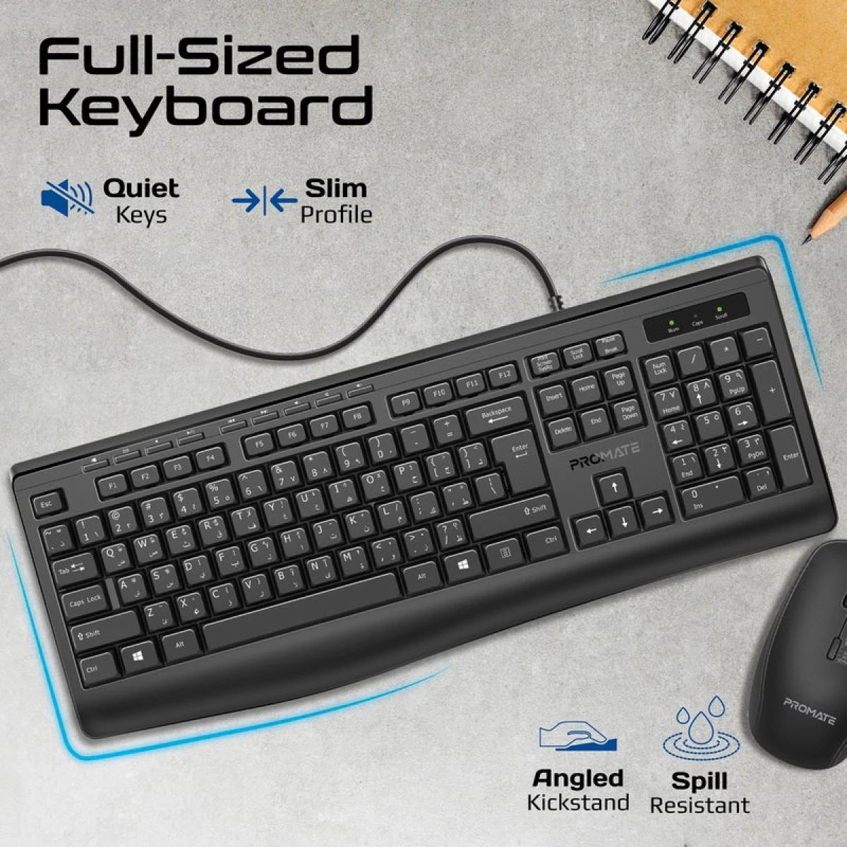 Promate Combo-CM4 Wired Keyboard and Mouse Combo, with Arabic characters