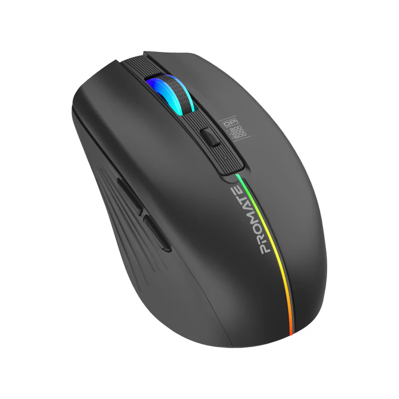 Promate KITT 2.4GHz Wireless Ergonomic Optical Mouse with LED Rainbow Lights - Black