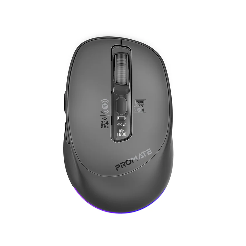 Promate Blix-3M Silent-Click 1600DPI Triple-Mode Rechargeable Mouse w/ Multi-Device Connectivity - Black