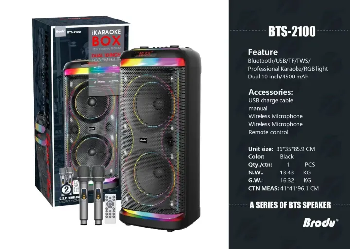 Brodu BTS-2100 100WX2 stereo system sound Dual 10 inch Woofer Outdoor DJ Party Speaker 2xWL Full
