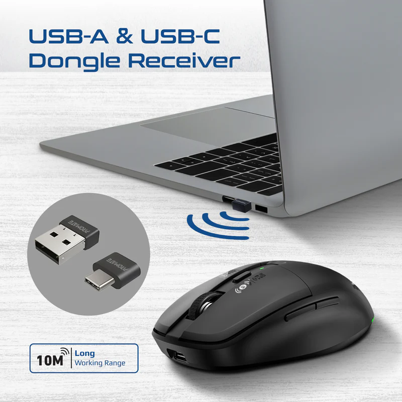 Promate Flixi Dual Mode Wireless Mouse with Rechargeable Battery BT & 2.4GHz Connectivity - Black