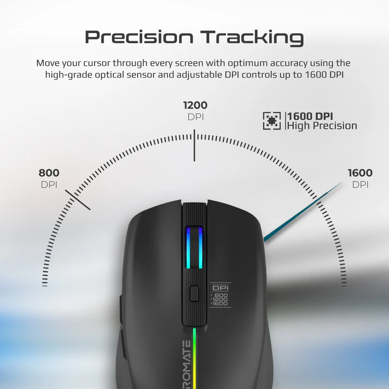 Promate KITT 2.4GHz Wireless Ergonomic Optical Mouse with LED Rainbow Lights - Black