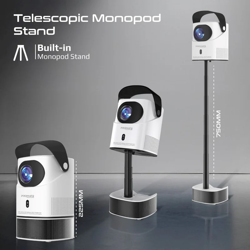 Promate Beamer-A250 4K Ultra HD Wireless LCD Projector with Built-In Speaker & Monopod Stand