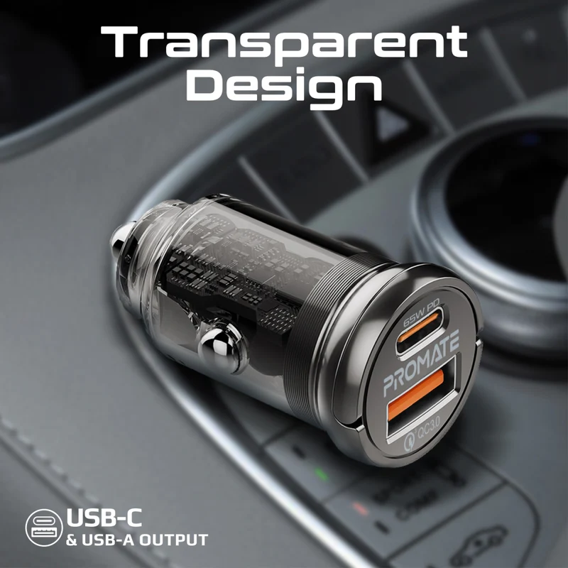 Promate TransDrive-65W RapidCharge Transparent Mini Car Charger with Power Delivery & QC 3.0