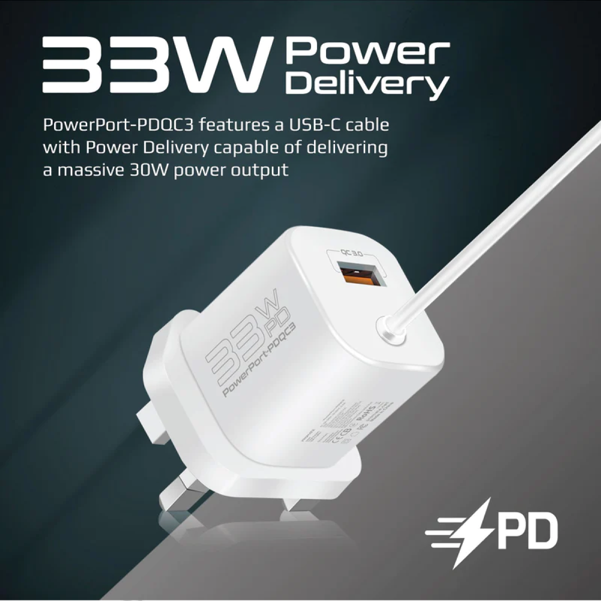Promate PowerPort-PDQC3 USB-C Charger Premium 33W with 22.5W