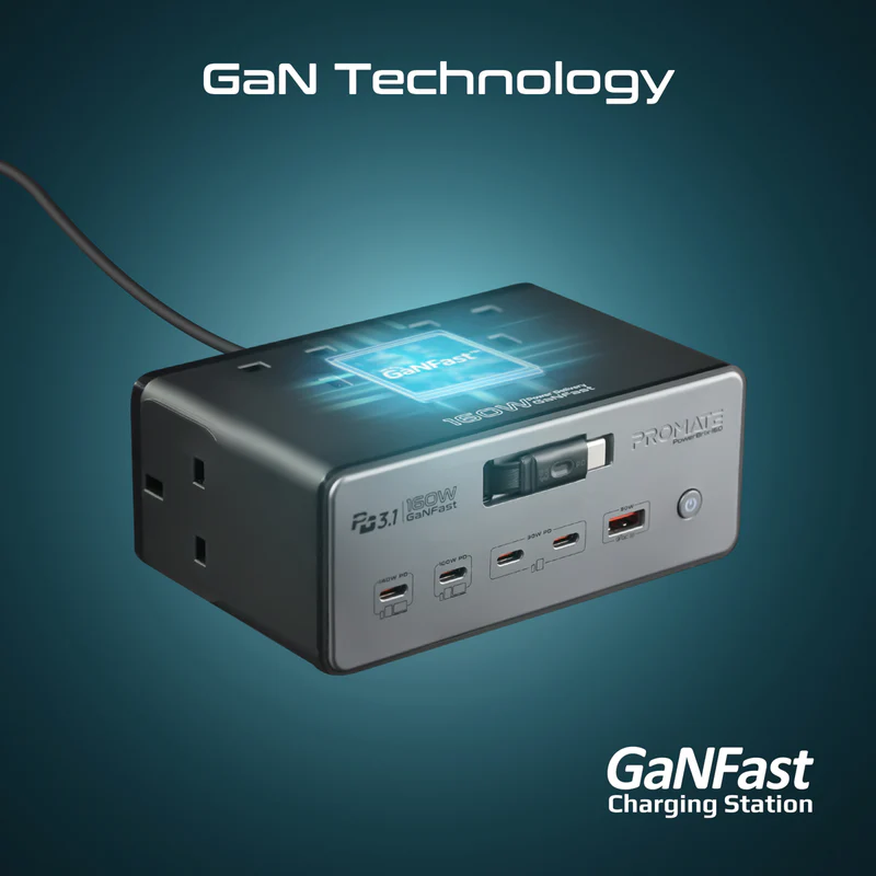 Promate PowerBrix-160 160W GaNFast PD 3.1 Charging Station with 3250W Quad AC Sockets