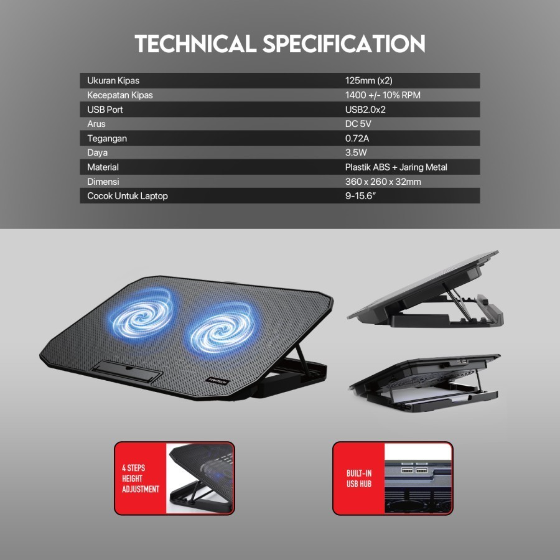 Fantech NoteBook Cooler NC13 Two Fan Suitable For 9-15.6 Inch Laptop