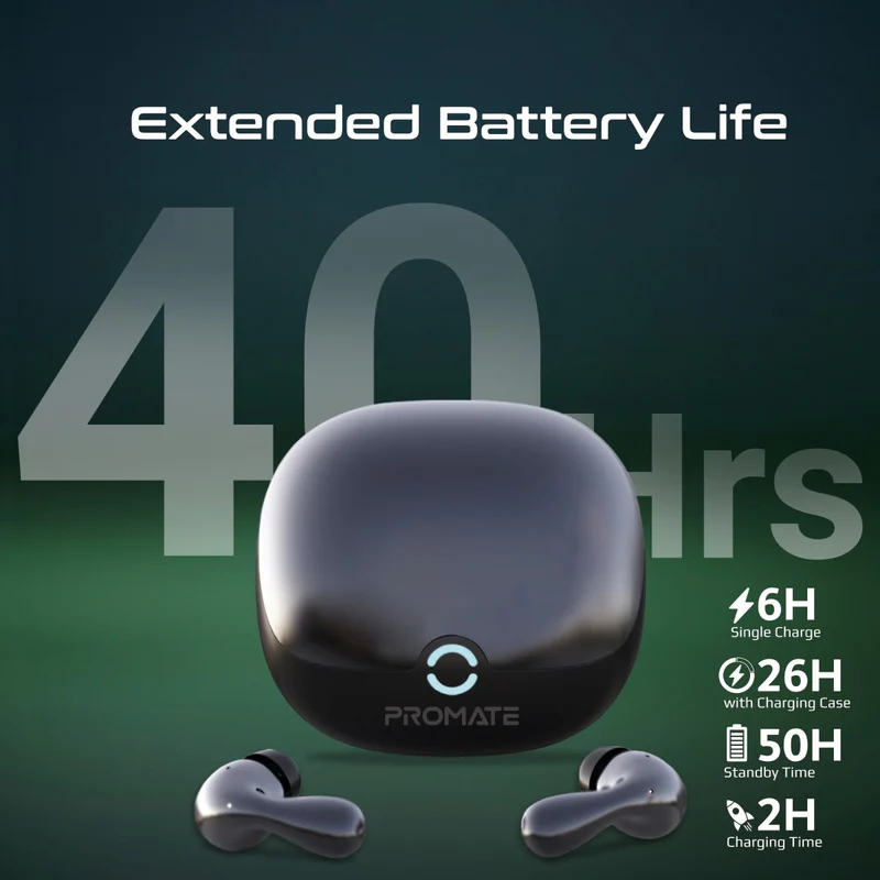 Promate Baton High-Definition Hybrid ANC TWS Earbuds with IntelliTouch - Black