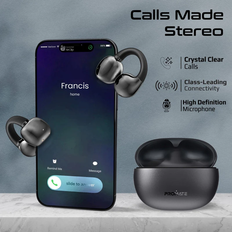 Promate AirClip AudioFit Open Ear Clip On TWS Earbuds w/ IntelliTouch - Black