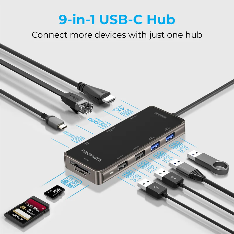 Promate Compact Multiport USB-C Hub with 100W Power Delivery
