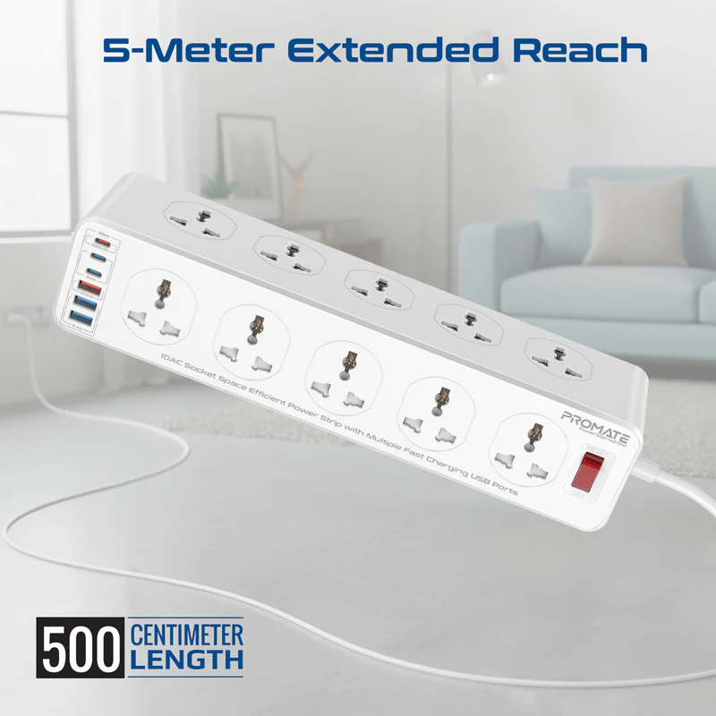 Promate PowerMatrix2-5M 10AC Socket Space Efficient Power Strip with Multiple Fast Charging USB Ports