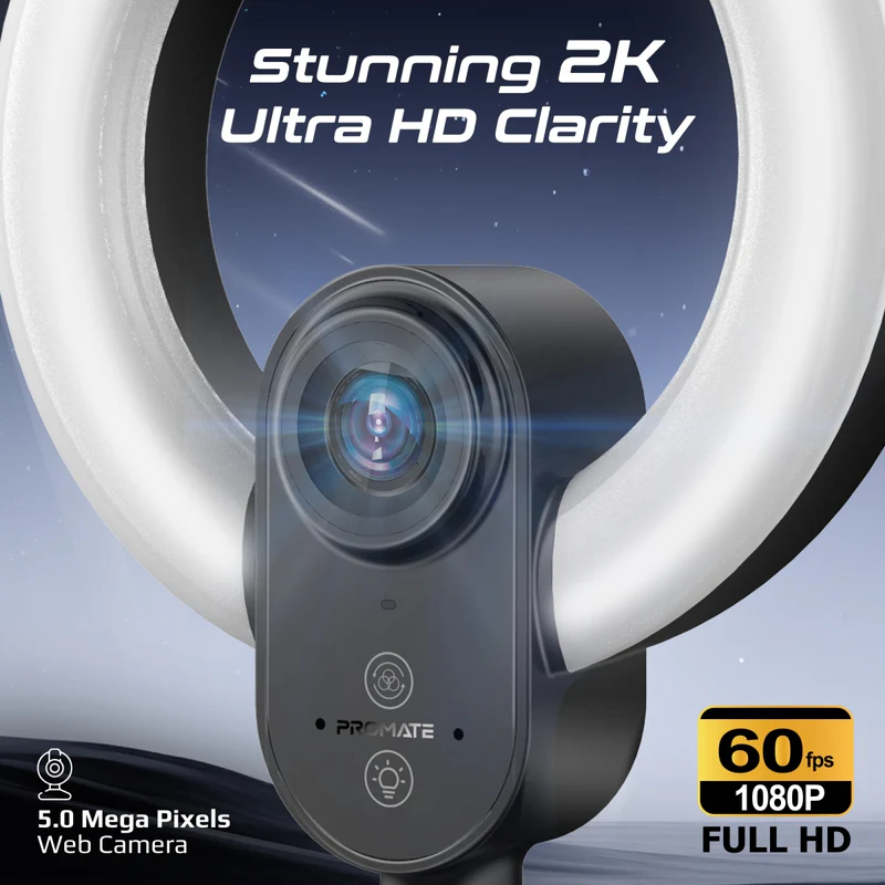 Promate VistaCam 2K Ultra-HD Webcam with Built-in Mic & Ring Light and detachable Tripod