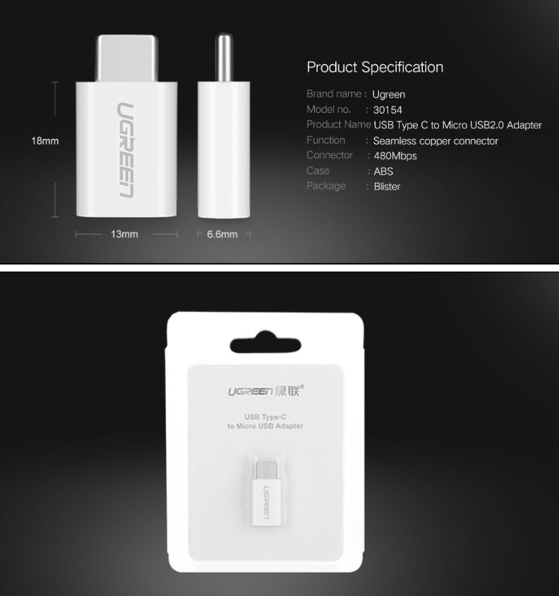 UGREEN US157 Micro to Type-C USB Converter 3.1 C OTG Adapter-White