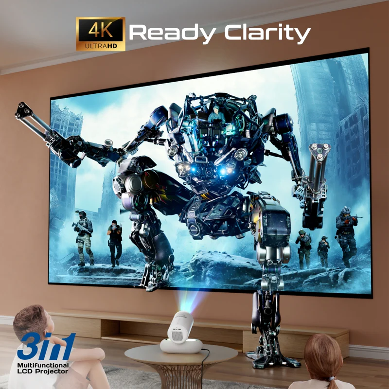 Promate Beamer-250R 4K Compatible HD Wireless LCD Projector with Built-In Speaker & Ambient RGB light - White