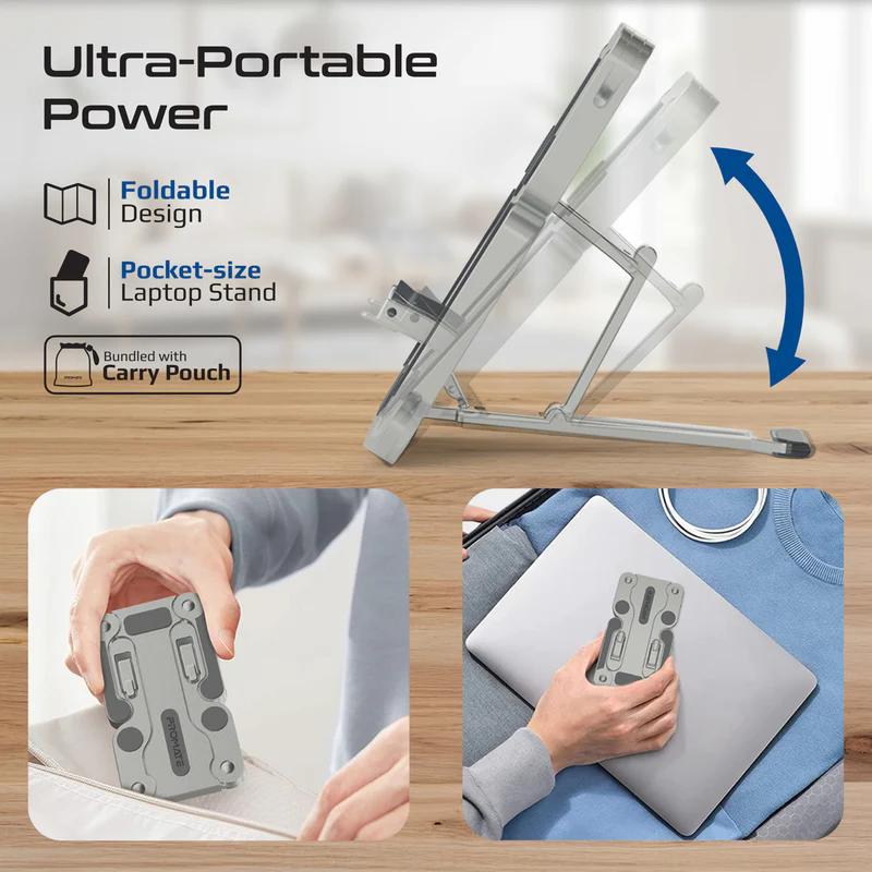 Promate FoldiX Compact Multi-Level Folding Laptop Stand w/ Anti-Slip Design - Grey