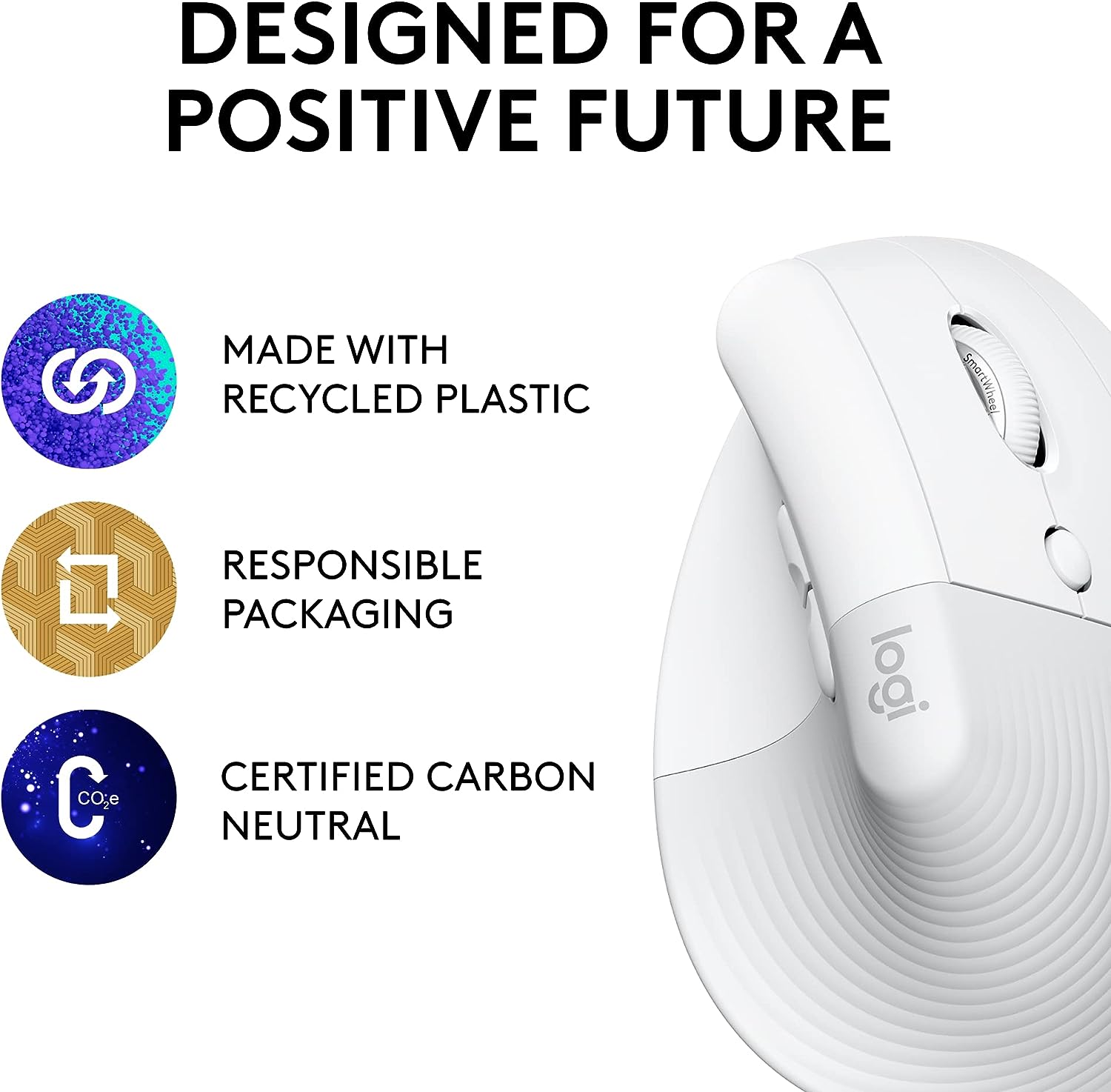 Logitech Lift Vertical Ergonomic Mouse- WHITE , Wireless, Bluetooth or Logi Bolt USB receiver