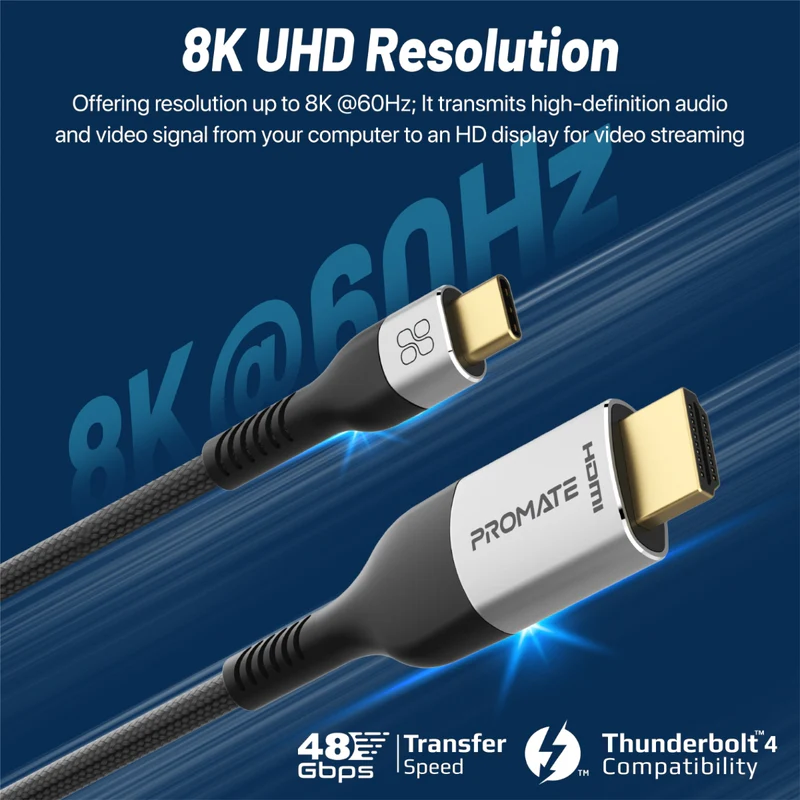 Promate MEDIACORD-8K 8K CrystalClarity USB-C to HDMI® Cable