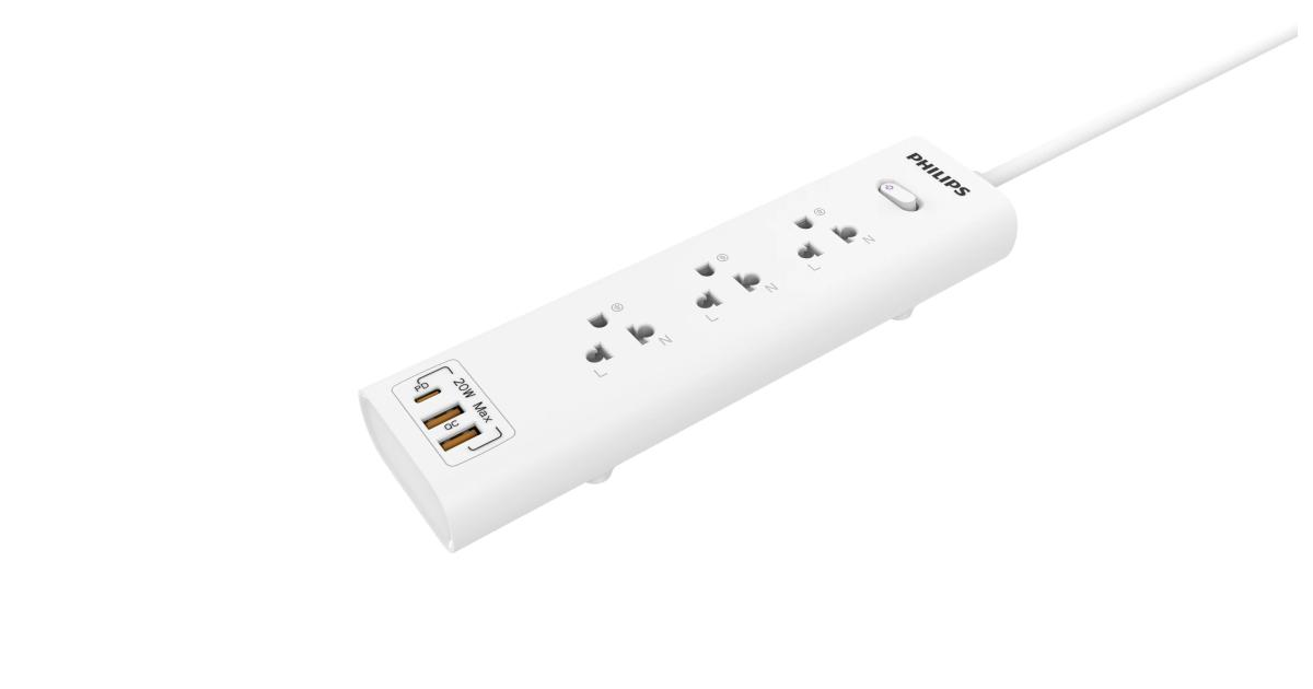 Philips Power Strip 3AC Outlet 1USB-C, 2USB 2m with Overload Protection