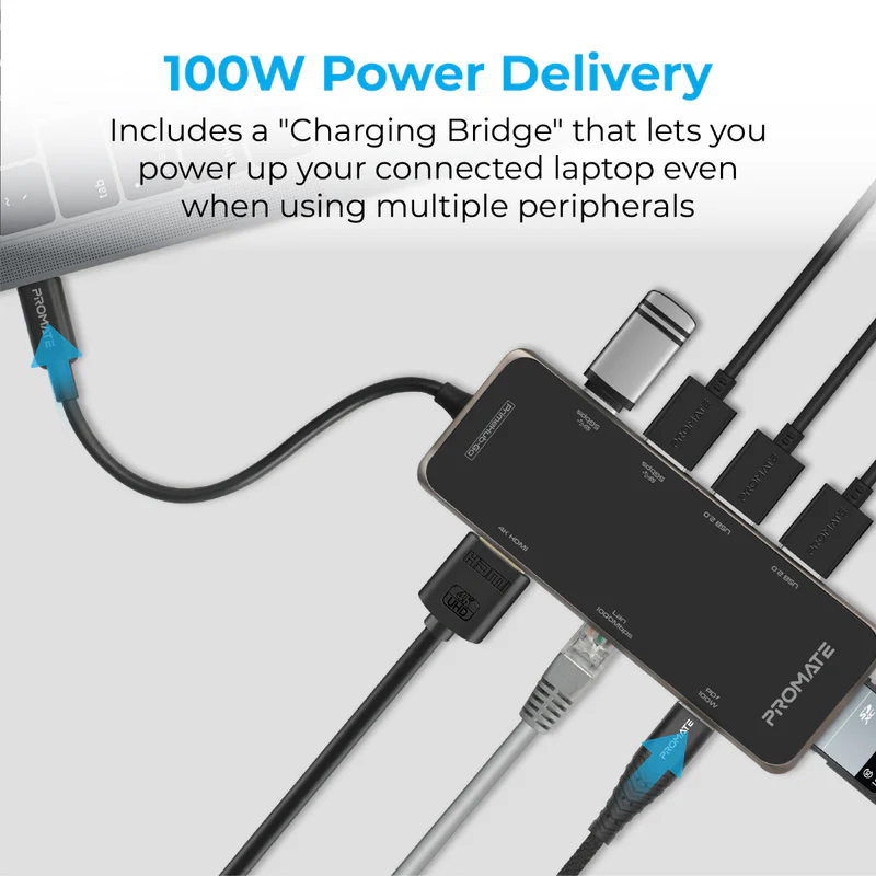 Promate Compact Multiport USB-C Hub with 100W Power Delivery