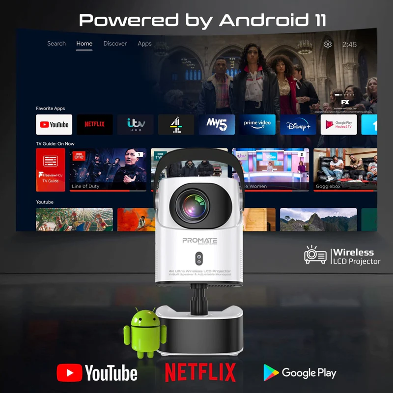 Promate Beamer-A250 4K Ultra HD Wireless LCD Projector with Built-In Speaker & Monopod Stand