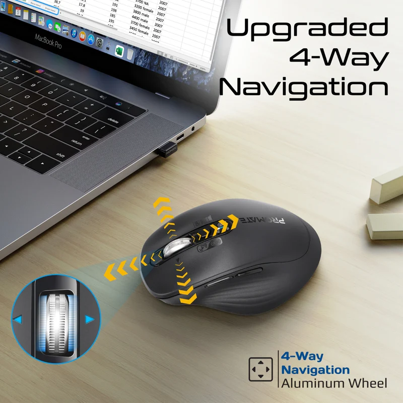 Promate SamoTri Tri-Connect Wireless Mouse with Rechargeable Battery, 2.4G and Dual BT Connectivity - Black