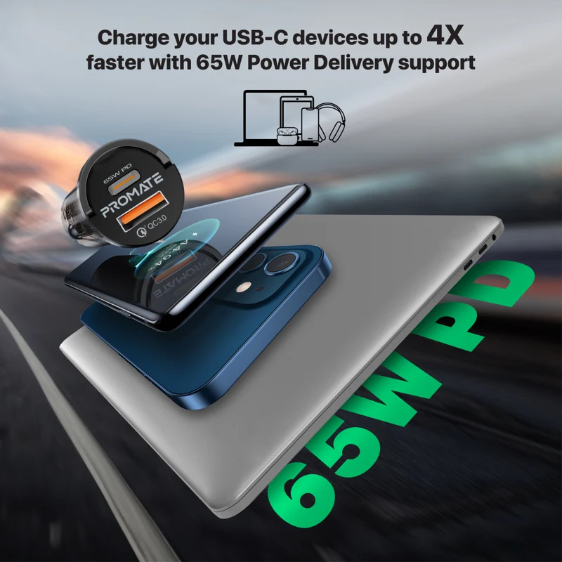 Promate TransDrive-65W RapidCharge Transparent Mini Car Charger with Power Delivery & QC 3.0