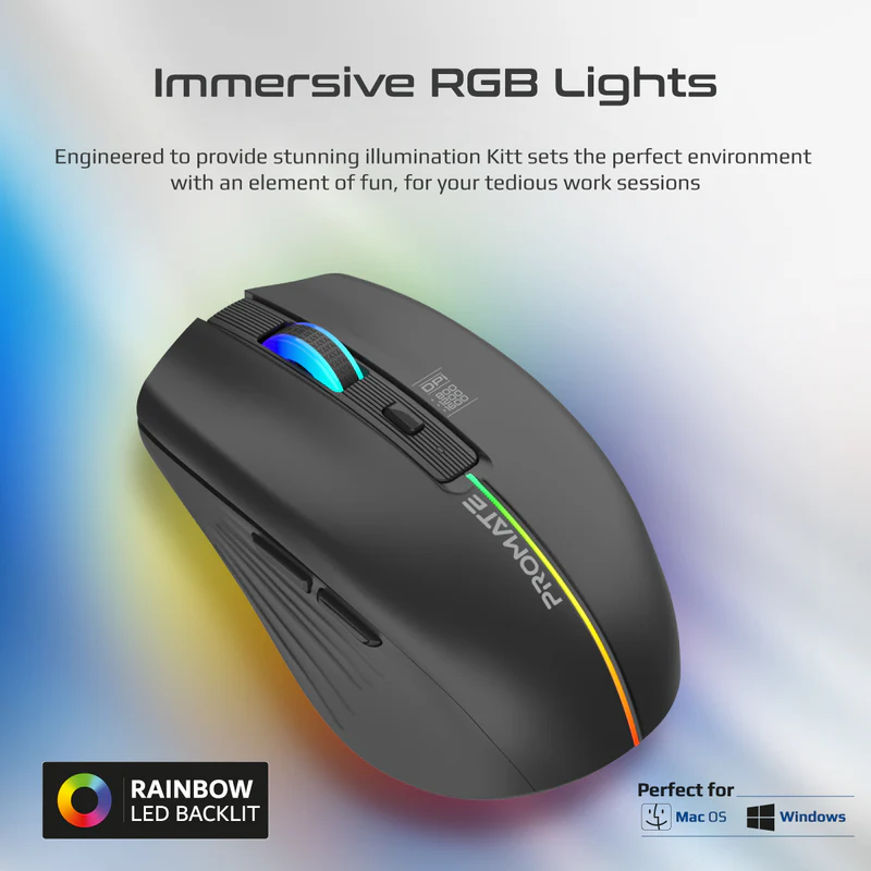 Promate KITT 2.4GHz Wireless Ergonomic Optical Mouse with LED Rainbow Lights - Black