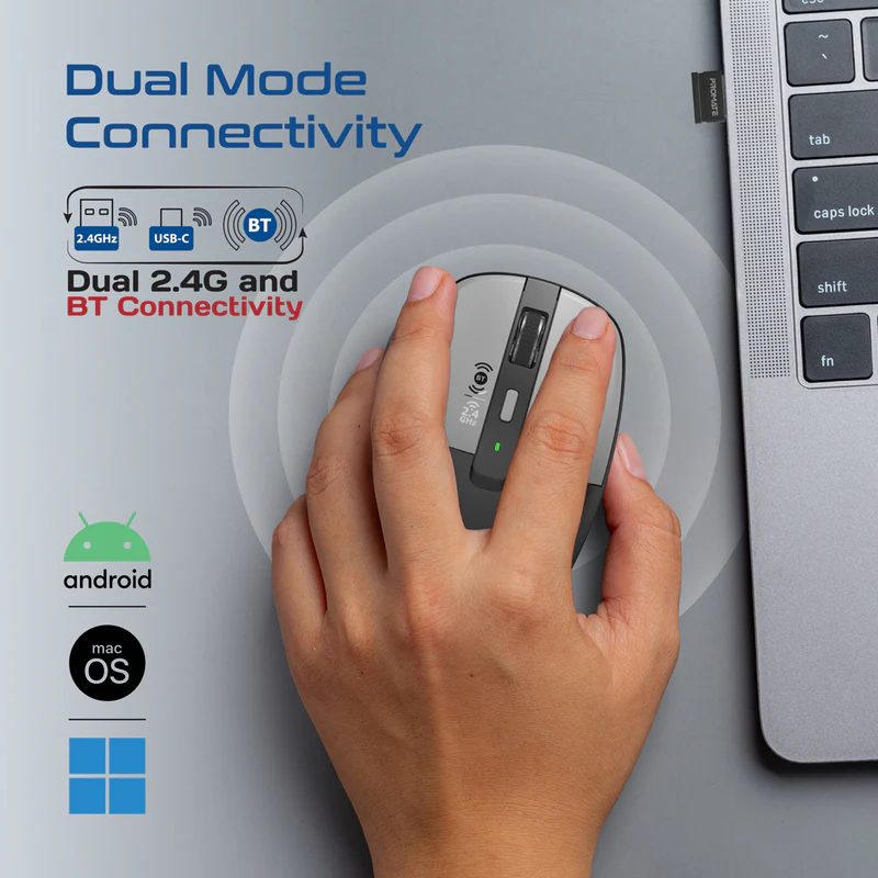 Promate Flixi Dual Mode Wireless Mouse with Rechargeable Battery BT & 2.4GHz Connectivity - Black