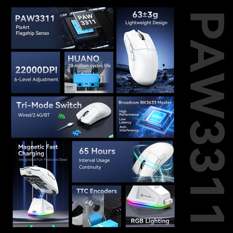 ATTACK SHARK X11 BK3633 Three Modes Wireless Gaming Mouse - White