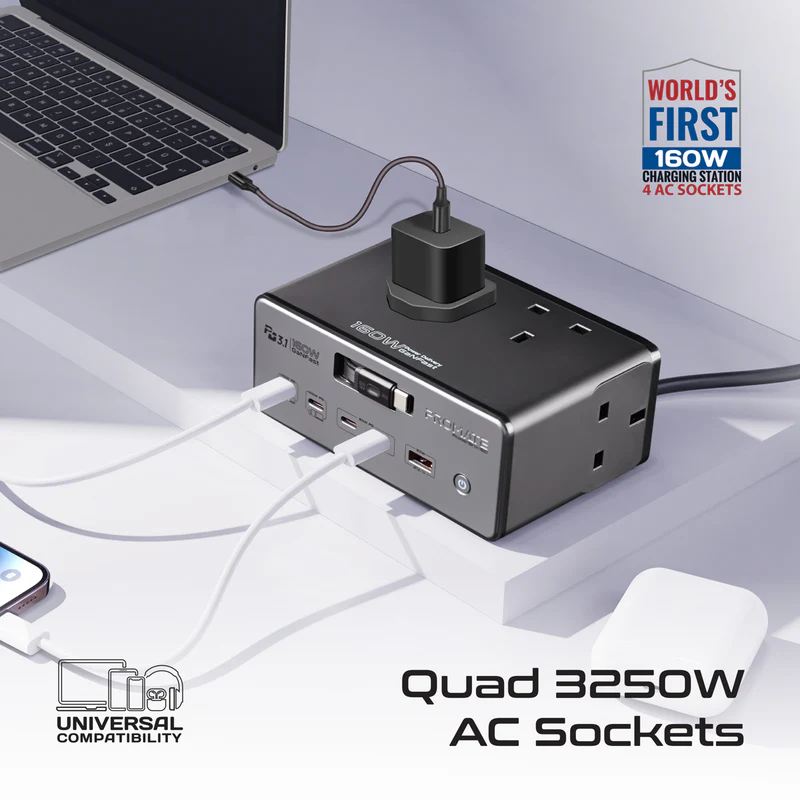 Promate PowerBrix-160 160W GaNFast PD 3.1 Charging Station with 3250W Quad AC Sockets