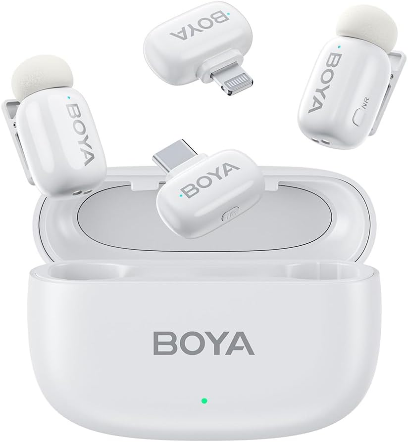 BOYA Mini Wireless Microphone for iPhone/Android/PC/Tablets with USB C/Lightning Plug - White