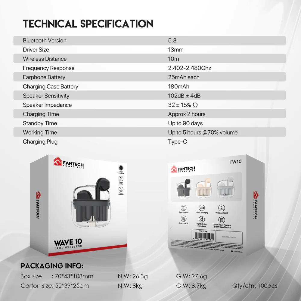 Fantech TWS Bluetooth Wireless Wave 10 Earbuds