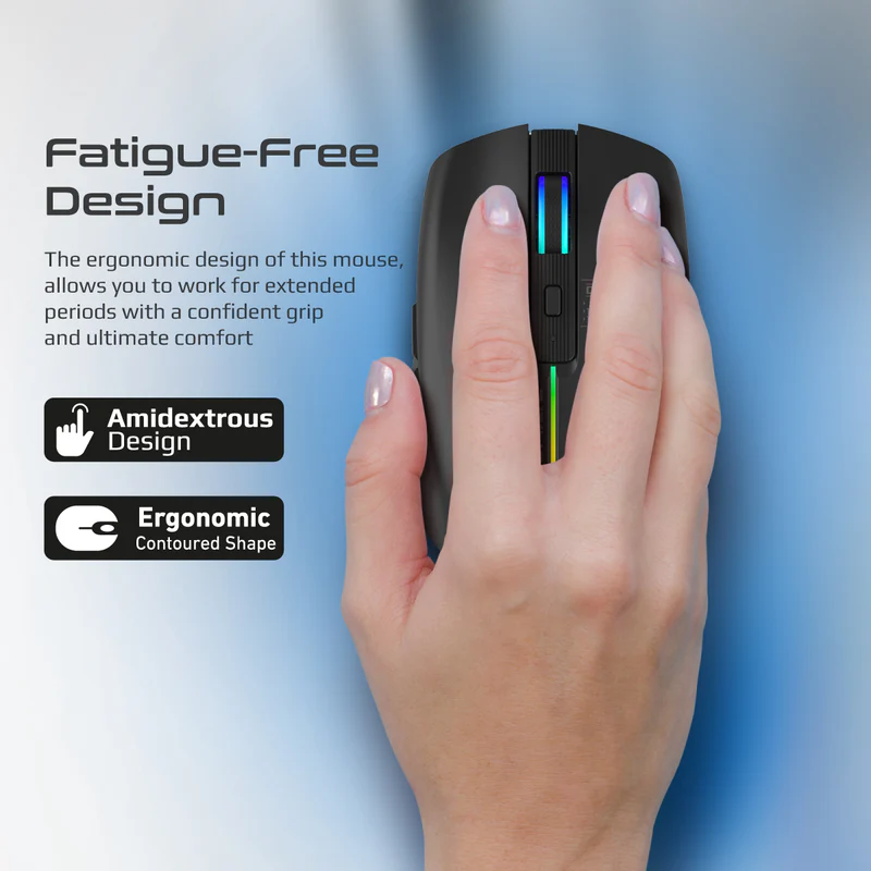 Promate KITT 2.4GHz Wireless Ergonomic Optical Mouse with LED Rainbow Lights - Black