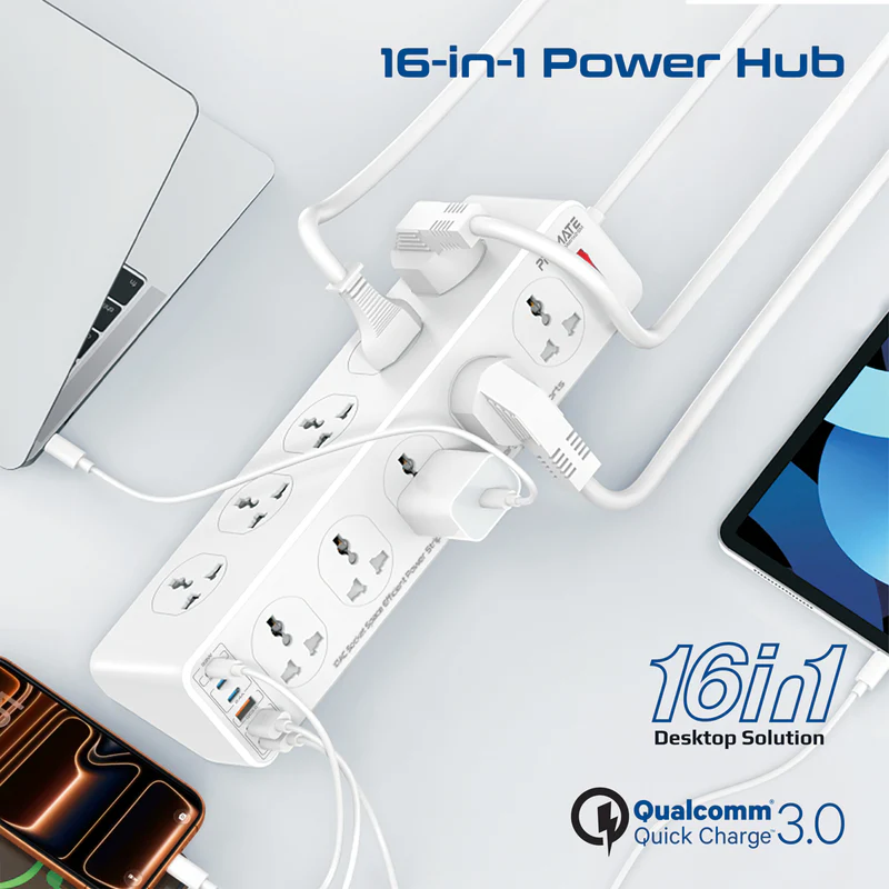 Promate PowerMatrix2-5M 10AC Socket Space Efficient Power Strip with Multiple Fast Charging USB Ports